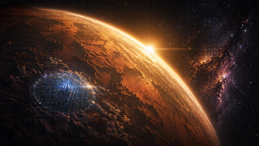 Galio from space - orangish planet with a scifi shielded city and space and nebulae beyond