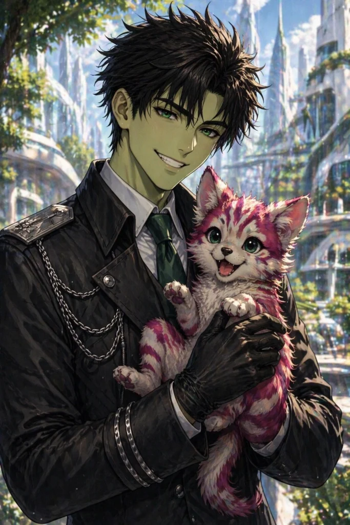 A smiling Rioran in a military uniform holds a happy magenta and white striped creature