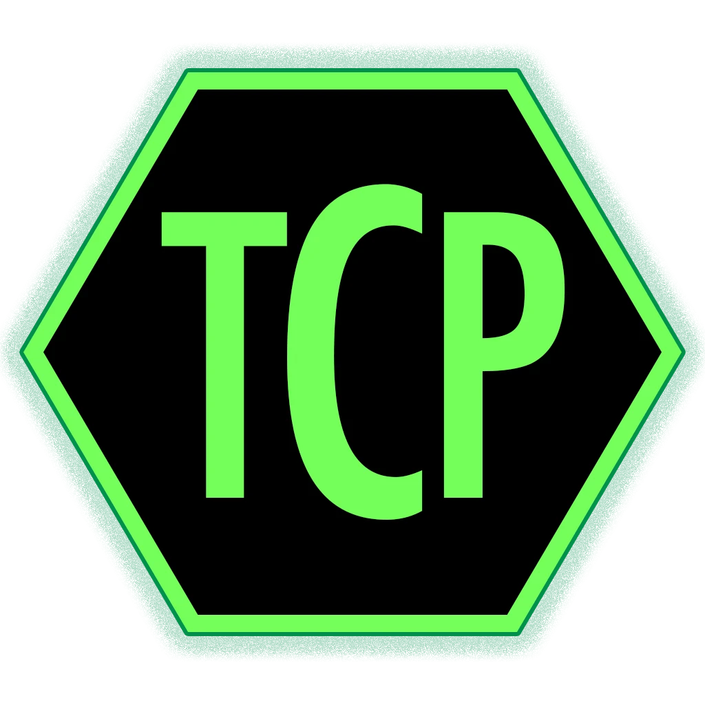 A black hexagon with neon green outline and the letters TCP centered in neon green