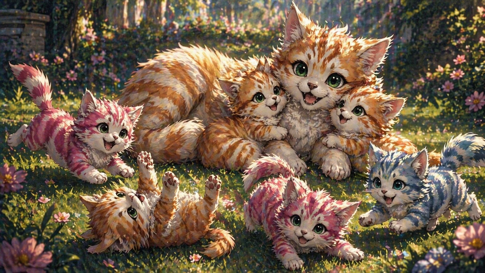 A happy family of kvortlanns, adorable striped kitten-puppy-like creatures