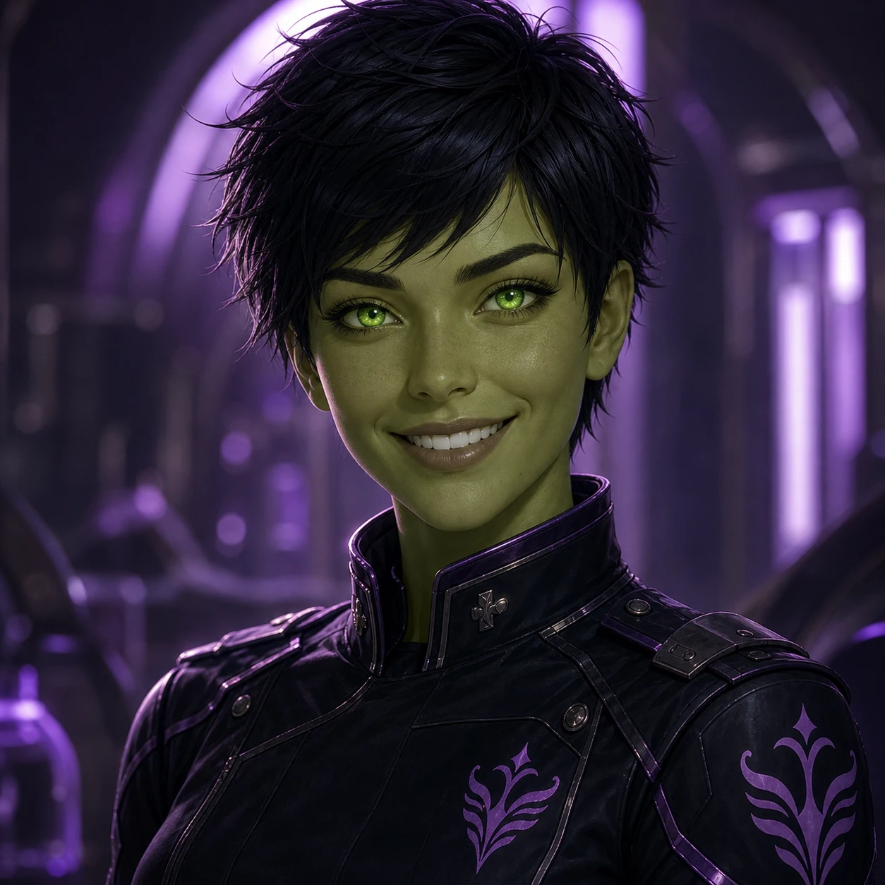 A closeup of a spunky Protector woman
